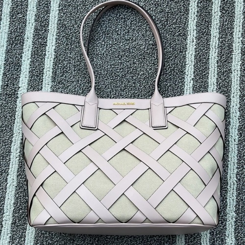 Michael Kors Sienna Large Tote Shoulder Bag Powder Blush Leather Canvas - Picture 2 of 16